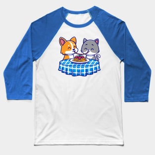 Cute Couple Cat And Corgi Dog Eating Spaghetti Together Cartoon Baseball T-Shirt